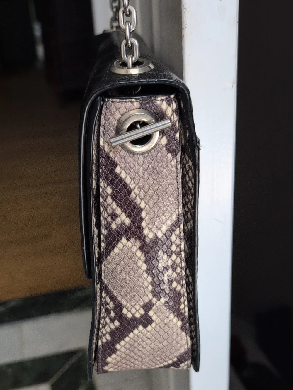 Michael Kors Black Croc Embossed Leather Flap Shoulder Bag with Snake-Print Body